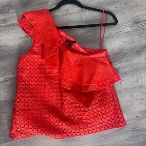 J.Crew One-Shoulder Red Ruffle Eyelet Top